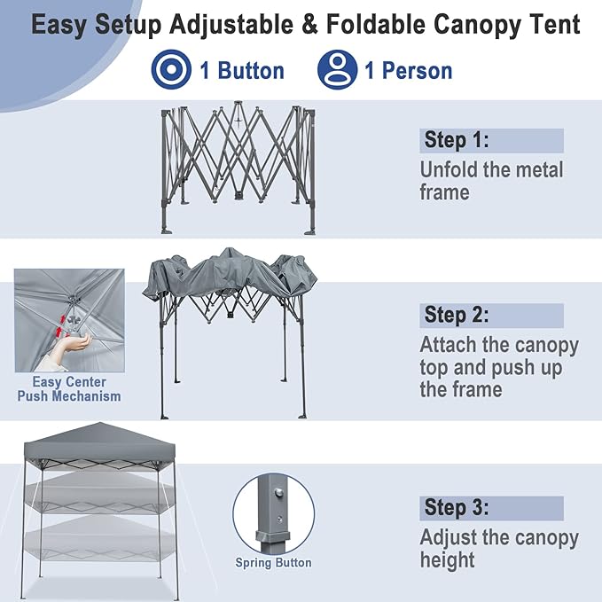 Tangkula 6.6x6.6 Ft Pop Up Canopy, 1 Person Instant Setup Canopy Tent with Center Lock, UPF 50+ Sun Protection, 8 Stakes, 4 Ropes, Portable Outdoor Canopy with Carrying Bag