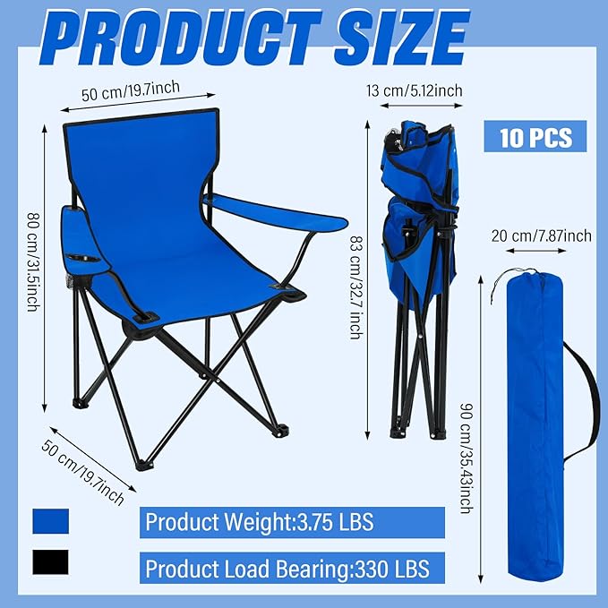 Huwena 10 Pack Folding Camping Chairs Bulk with Cupholder Carry Bags Lightweight Beach Chairs Collapsible Portable Outdoor Lawn Chair for Picnic, Camp, Outside