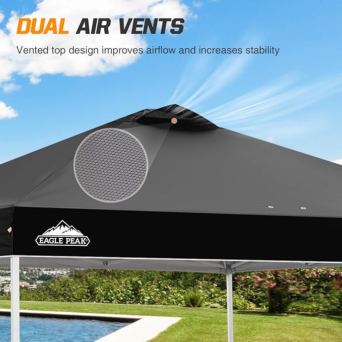 EAGLE PEAK Pop Up Canopy Tent with Wheeled Carry Bag, 8 Stakes, 4 Ropes, 4 Weight Bags, Easy Set Up Tent Canopy, 10x10 ft, 100sqft of Shade, Black