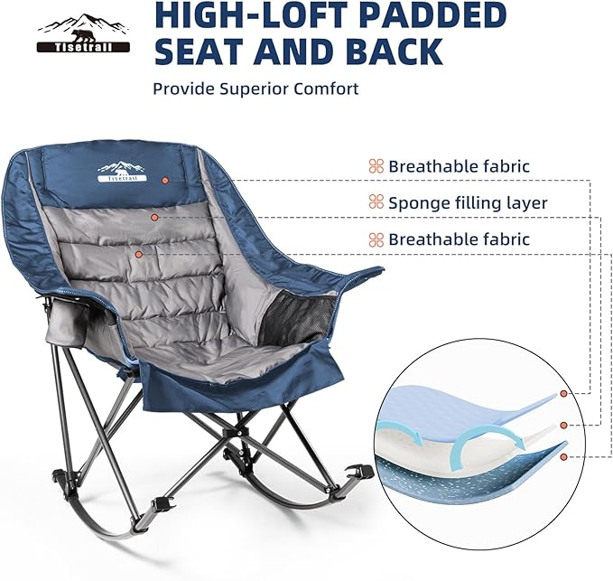 Oversized Rocking Camping Chairs Set of 2, Fully Padded Camp Chairs for Adults with Side Pocket and Cup Holder, Heavy-Duty 400lbs Capacity, Blue & Gray