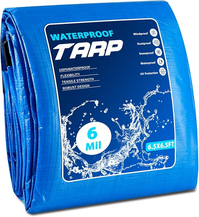 Heavy Duty Waterproof Tarp 6.5x6.5 FT, 6 Mil Thick Tarpaulin Cover with Reinforced Edges & Grommets - for Outdoor Camping, Roof, Boat, RV, Pool, Tent - Includes Utility Rope