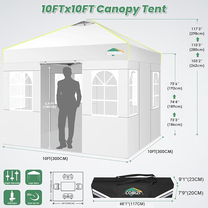 COBIZI 10x10 Pop Up Canopy Tent with 4 Removable Sidewalls, One Push Party Tent Outdoor Waterproof Event Canopy with Air Vent for Parties Commercial Wedding, 3 Height, Carry Bag, Sandbag, White