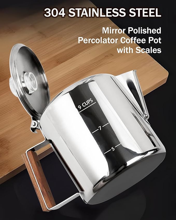 Coffee Maker Coffee Percolator 304 Stainless Steel Pot Stovetop Easy Brewing Even Heating 9 Cup 50.7oz 1500ml Silver Classic Design Heat Resistant Home Camping Outdoor