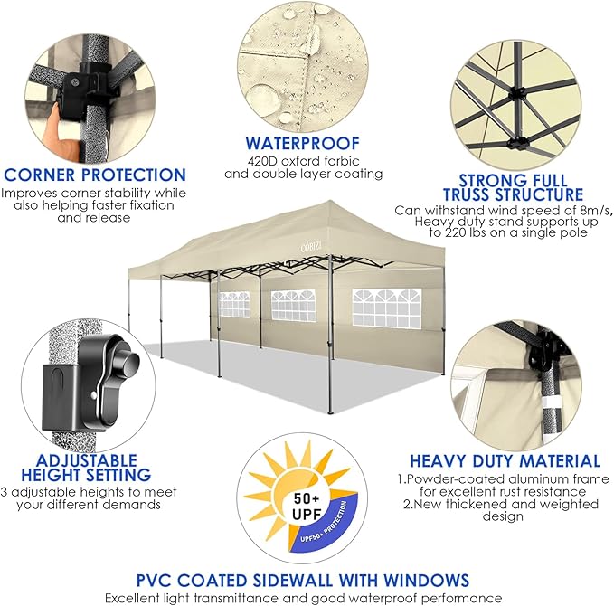 COBIZI 10x30 Heavy Duty Pop up Canopy with 8 sidewalls Party Tent for Parties Weddings Events UPF 50+ Waterproof Commercial Gazebo with Roller Bag, Khaki(Frame Thickened)