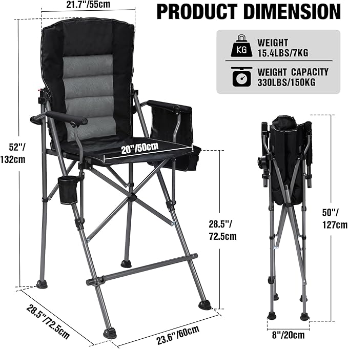 Extra Tall Folding Chairs for Adults 330lbs with Adjustable Backrest, Portable Bar Height Foldable Director Chairs with Lumbar Support, Comfortable with High Back and Footrest,Black,2Pack