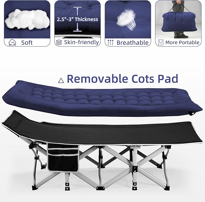 Portable Camping Cot, Sleeping Cot for Adult, 28" Extra Wide Heavy Duty Folding Cot Max Load 600LBS with Thick Mattress, Portable Camping Bed for Camp Outdoor/Office, Home Nap (Blue)