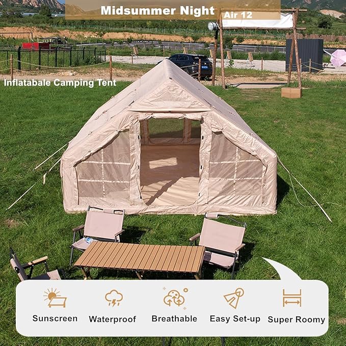 UNIISTRENGH Inflatable Camping Tent, Air Glamping Quick Set Up Waterproof Pop Up Tents with Stove Jack Hole and Carry Bag