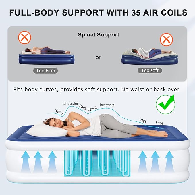 Full Air Mattress with Built-in Pump, 18" Raised Inflatable Bed Blow Up Mattress, Comfort Portable Air Bed for Camping, Home Guests, Travel 650 lbs Max
