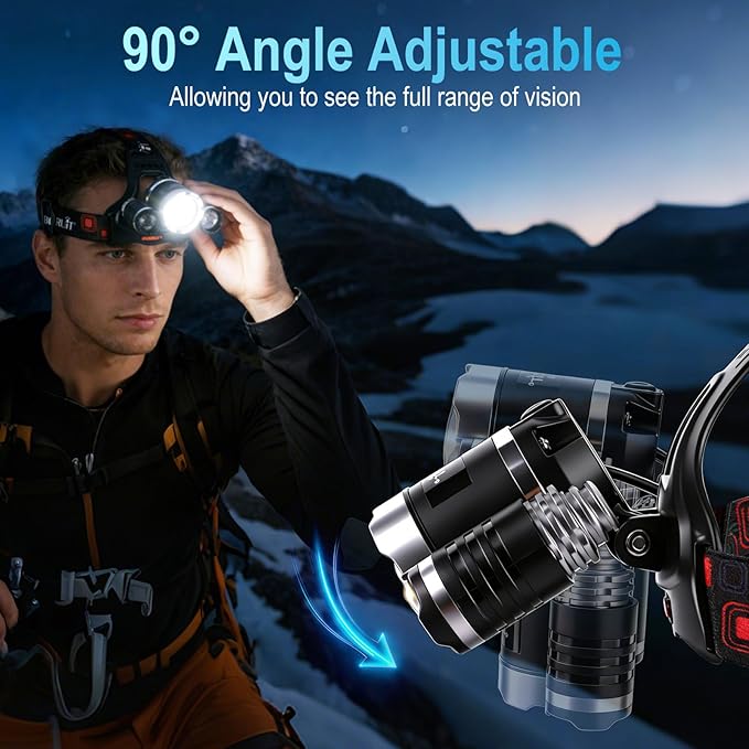 BORUIT RJ-3000 LED Rechargeable Headlamp with Red Light, Super Bright Hunting Head Lamp 3 Modes, Waterproof Head Light for Adult Fishing Camping Headlight Gear