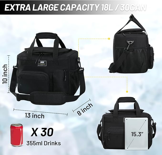 MIER Large Lunch Box for Men Women Adult Insulated Soft Sided Cooler 30 Can Leakproof Lunch Bag Collapsible for Work Travel Camping Beach, 18L (Black-No Luggage Strap)