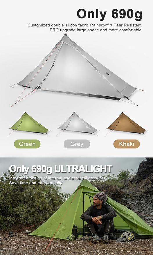 3F UL Gear Lanshan PRO Lanshan Ultralight Tent Ultralight Tent 3-Season Backpacking Tent for 1-Person or 2-Person Camping, Climbing, Hiking, Trekking, Kayaking (for 1 Person, Green- 3 Season)