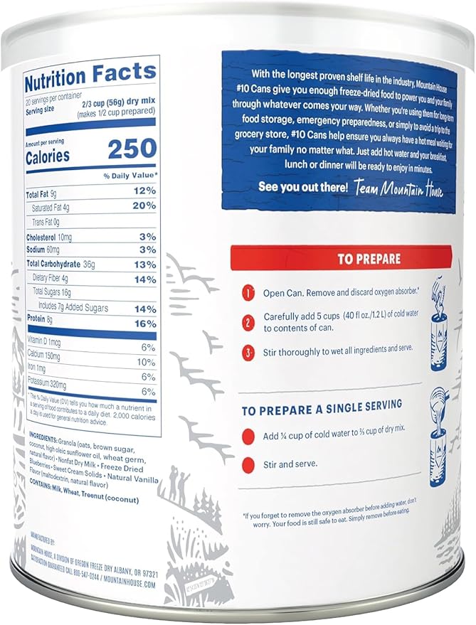 Mountain House Freeze-Dried Granola with Milk & Blueberries #10 Can – 120 Total Servings (6 Cans, 20 Servings Each) – Ready-to-Eat Breakfast, Snack & Dessert – High-Energy Emergency Survival Canned Food – Long-Term Storage for Camping, Hiking, Backpack...