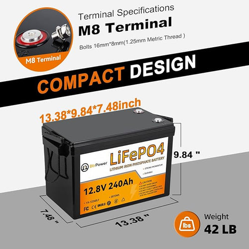 12V 240Ah Lithium Battery LiFePO4 Deep Cycle Battery,100A BMS,4000+ Cycles,Perfect for RV, Home Storage,Marine,Solar Power System and Outdoor Camping.