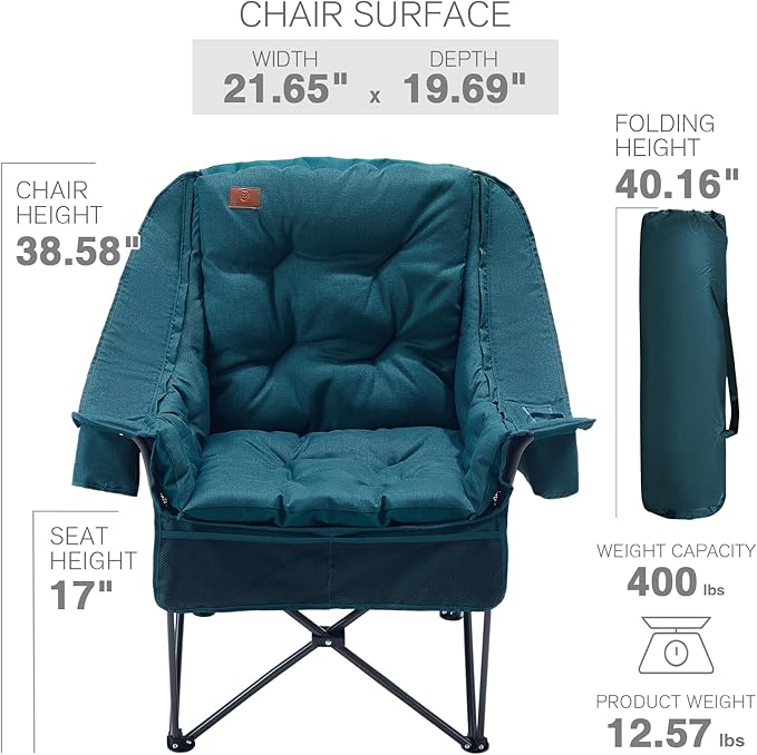 EVER ADVANCED 2 Set Camping Chair with Detachable Cushion, Mesh Chair for Adults Foldable, Oversized Heavy Duty Folding Chair with Cooler Mesh Pocket Cupholder Outdoor Fishing, Supports 400LBS Green