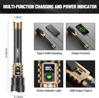 WdtPro Rechargeable LED Flashlights High Lumens, Super Bright 90000LM Rechargeable Flashlight with LCD Display, 5 Modes & Waterproof Powerful 10000mAh Handheld Flashlight for Camping Emergency Gold