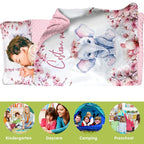 Custom Toddler Nap Mat for Preschool, Personalized Name Kids Sleeping Bag with Flower Elephant for Daycare, Roll Up Sleeping Mat with Removable Pillow and Soft Dot Minky Blanke for Girls Camping