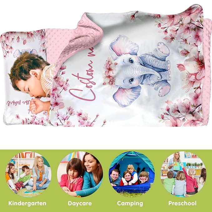 Custom Toddler Nap Mat for Preschool, Personalized Name Kids Sleeping Bag with Flower Elephant for Daycare, Roll Up Sleeping Mat with Removable Pillow and Soft Dot Minky Blanke for Girls Camping