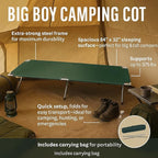 Big Boy Camping Cot, Oversized Heavy-Duty Adult Folding Cot Bed, 84 x 30 in, 18 in High, Carrying Case, Elevated Sleep for Base Camp and Tent