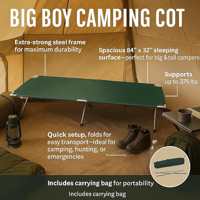 Big Boy Camping Cot, Oversized Heavy-Duty Adult Folding Cot Bed, 84 x 30 in, 18 in High, Carrying Case, Elevated Sleep for Base Camp and Tent