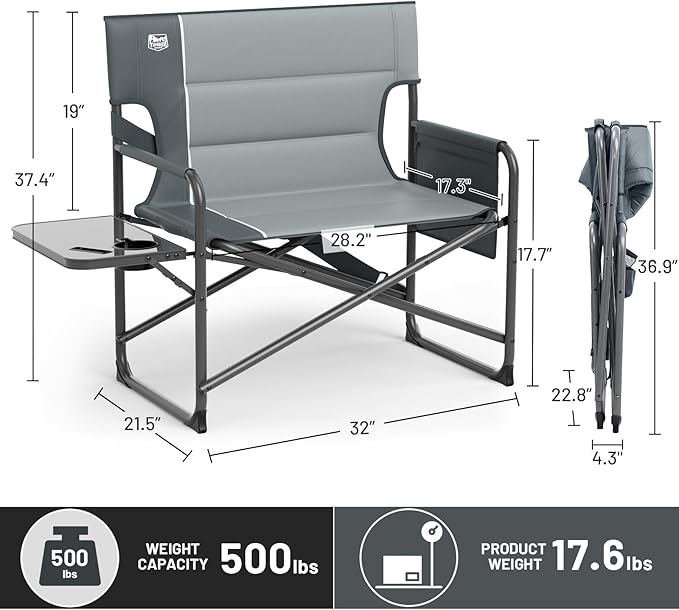 Timber Ridge XXL Extra Wide Foldable Directors Chair with Side Table, 500 lbs Heavy Duty Camping Chairs for Adults, Oversized Folding Lawn Chair for Lawn Beach Sports Outdoor, Blue