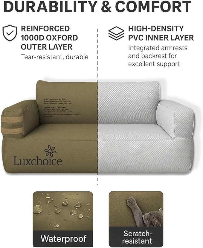 Portable Inflatable Couch for Camping with Built-in Pump Durable Inflatable Furniture Comfortable Blow Up Couch Stylish Outdoor Air Sofa Perfect for Backyard Beach Music Festival Party | Auto Cordless Pump, Durable Fabric, Puncture Resistant, Stain-Res...