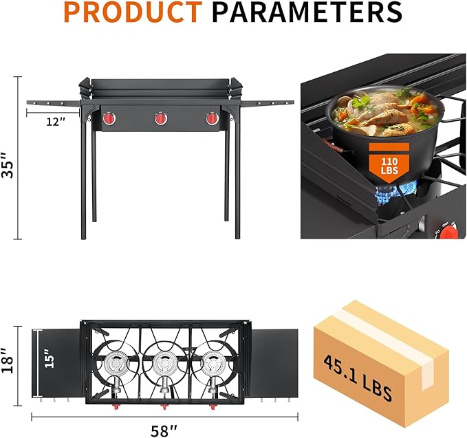 SKOK 3 Burners Portable Propane Stove with Wind Panel&Side Shelves, Camping Propane Stove, Outdoor Stove for Camping