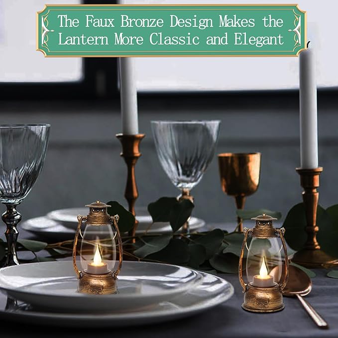 LLQ 12 Pack Vintage Decorative Lanterns, Mini Candle Lantern Decorative LED Candle Holders with Flameless Candles for Wedding Table Centerpieces, Christmas Party Outdoor Decorations, Brown