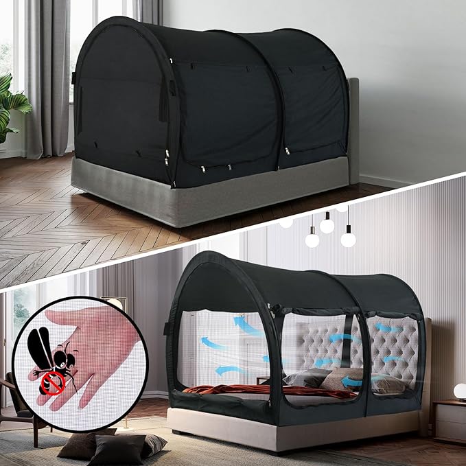 Alvantor® Bed Canopy Bed Tents 2-in-1 Dream Tents Privacy Space Twin Size Sleeping Tents Indoor Pop Up Portable Frame Curtains Breathable Gray Cottage Reducing Light & Air Ventilation