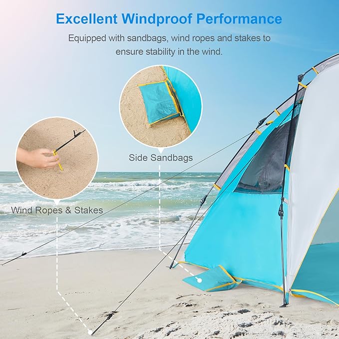 Wolfwise Instant Beach Tent Sun Shelter with Zippered Extendable Porch for Privacy, Portable Beach Tents with Carrying Bag, Easy Setup Pop up Beach Shade for 6-7 Person, 110 x57x57 in, Blue