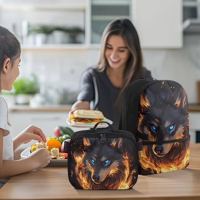 Flame Wolf Backpack with Lunch Box Leakproof 17 Inch Polyester Book Bag for Teens Cool School Bag with Detachable Lunch Bag for Outdoor Camping