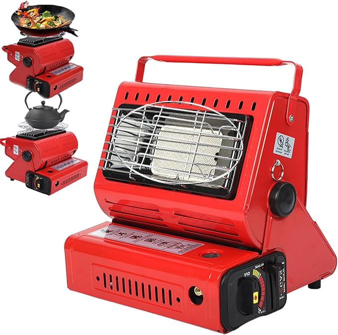Upgraded 2 In 1 Portable Indoor Butane Heater & Stove with Self Ignition, Safe & Cordless Non Electric Heaters, Butane Emergency Heater for Power Outage, For Camping, Tents, Outdoor (Red)