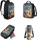 Cool Wolf Backpack for School Boys Back to School, 3rd Grade Backpack for Boys Back Pack 4 Piece Set Lunch Box Art Water Bottle Holder Pencil Case for Class Activity
