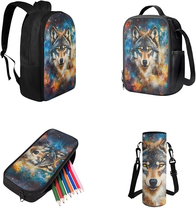Cool Wolf Backpack for School Boys Back to School, 3rd Grade Backpack for Boys Back Pack 4 Piece Set Lunch Box Art Water Bottle Holder Pencil Case for Class Activity