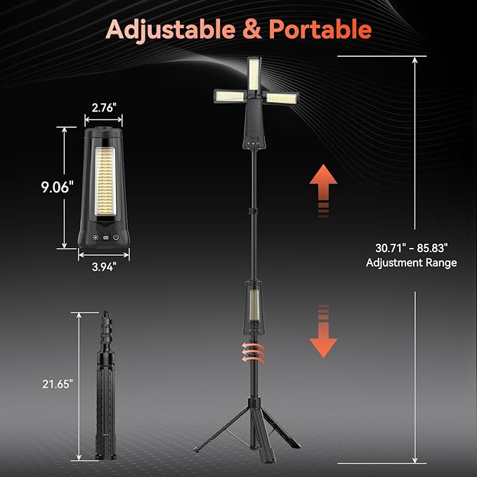 15000 mAh Rechargeable Camping Light with Stand, Cordless Work Light with 3 LED Lamp Heads, 5500 Lumens Dimmable Camping Essentials Gear Emergency Flashlight with 86" Detachable Tripod, Black