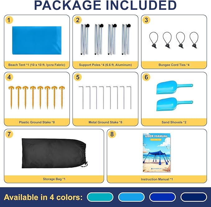 Beach Tent Sun Shelter UPF 50+,10x10 FT Beach Canopy Tent Sun Shade,Pop Up Beach Canopy with 8 Sandbags, Outdoor Beach Shade for Camping Trips, Fishing, Backyard Fun Picnics (Sky Blue)
