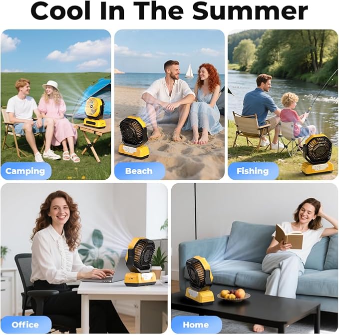 30000mAh Portable Camping Fan with RGB Lantern, Rechargeable Battery Powered Oscillating 4 Wind Speeds LED Display, Remote Control Timer Tent Beach Cordless USB Fans for Travel Home Outdoor, Yellow