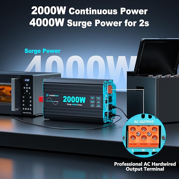 2000 Watt Pure Sine Wave Inverter, 24V DC to 120V AC Inverters for RV, Truck, Solar, Home, Power Inverter with 3 AC Outlet, 30W USB-C, 5V 3.1A USB, Hardwire Port, Remote Control, Surge 4000W