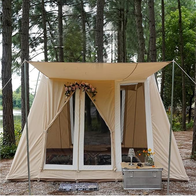 UNISTRENGH Waterproof Cotton Canvas Cabin Tent 4 Season Outdoor Family Camping Tent Shelters with Awning & Extra Wide Mesh Doors