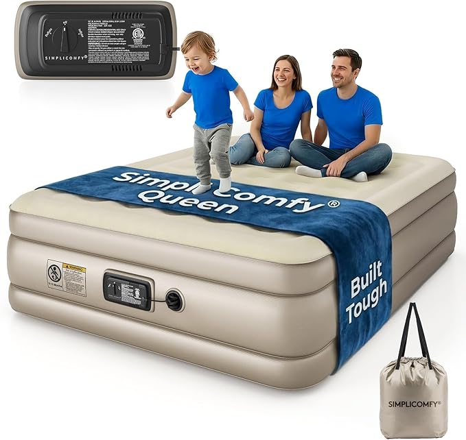Simpli Comfy Inflatable 18” Queen Air Mattress with Built in Pump Self Inflating Blow Up Durable Heavy Duty Stay Firm Comfortable Air Bed Elevated for Home Guest Travel Relocate Camping