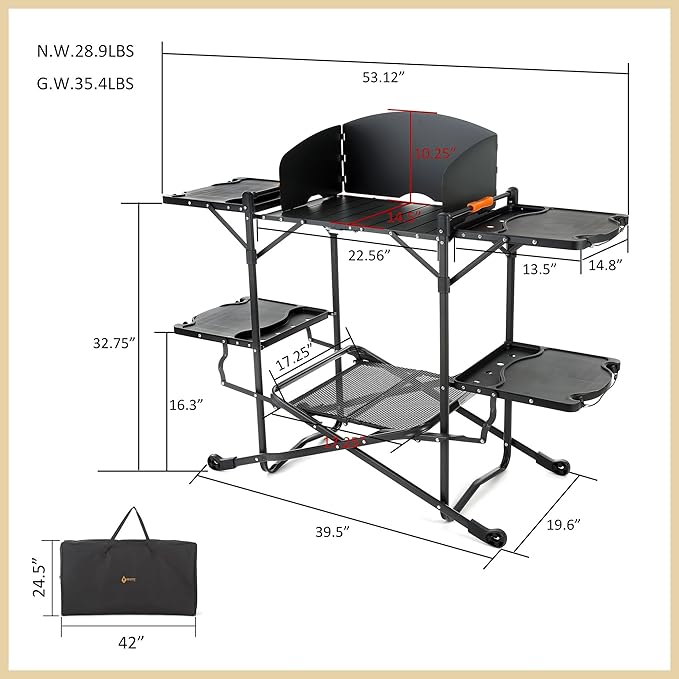 ARROWHEAD OUTDOOR 54" Wide Quick Folding Kitchen Station with Add-on Windscreen, 4 Side Tables, Aluminum Tabletop, Tool-Hanging Cord, 154 LBS Max Weight Load, for Patio BBQ and Camping
