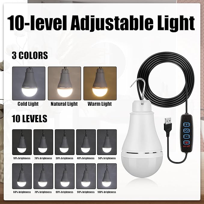 6 Pcs USB Light String LED Portable Light Bulb Rechargeable USB Strip, 6.6 ft Length Cord Camping Lantern with Splitter Cable for Camping Porch Backyard Garage Warehouse Truck Fishing Boat