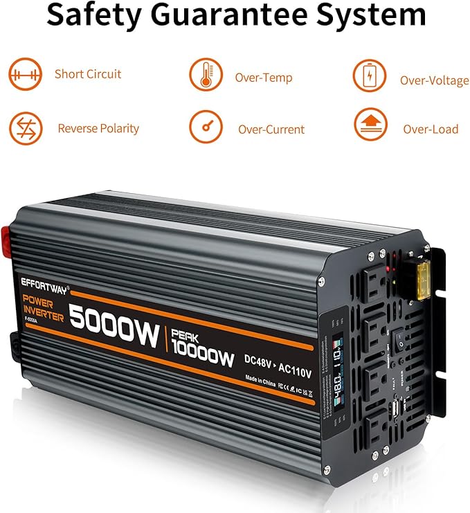 Power Inverter DC 48V to AC 110V/120V Converter with LCD Display, Wireless Controller, Cable Pair,AC outlets USB.RV Travel,Suitable for Camping,and Off-Grid Solar Systems (5000w -48v)