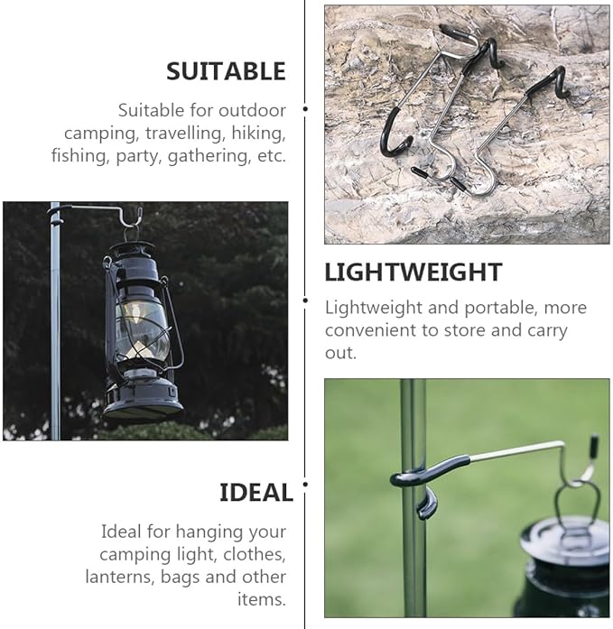 Wakauto Camping Lantern Hooks 2pcs Stainless Steel Light Pole Hooks Black Tent Lamp Hangers Outdoor Camping Accessories for Hiking and Backpacking