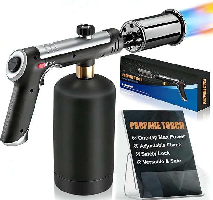 Torch Gun with One-Touch Max Fire, Safety Lock, Blow Torch Gun for BBQ, Grill, Charcoal Lighter, Cooking Flamethrower (Tank Not Included)