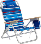 SUNNYFEEL Low Back Folding Beach Chair, Aluminum Heavy Duty Beach Chair with with 5-Position, Portable Camping Chair for Adults with Wood Armrest, Lightweight Camping Chair 300lbs, Blue Stripe