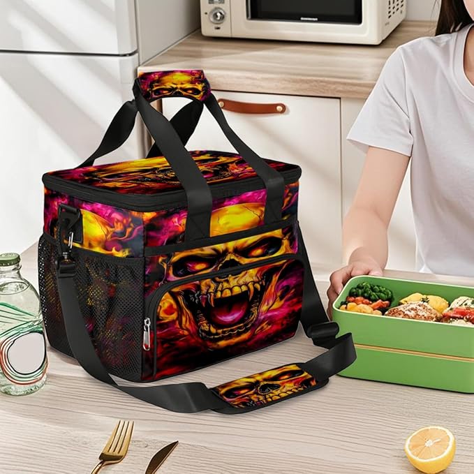Gothic Skull Flame Soft Cooler Bag Insulated Lunch Box for Men & Women, Large Leakproof Lunch Bag Portable Beach Cooler for Work, Picnic, Road Trips,Fishing, Travel, Camping,A-9