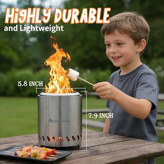 Tabletop Fire Pit by AmazStove, Low Smoke Camping Stove for Outdoor Safe Burning Firepits, Mini Fire Pit, Fueled Pellets or Wood, Travel Bag Included (8.0 x 5.8 INCH-Silver)