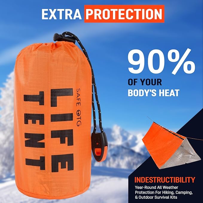 Emergency Survival Tent Life Shelter 2 Person Mylar Tube Tents Tarp with Whistle & Paracord Year-Round All Weather Protection for Car Outdoor Hiking Camping Gear Equipment