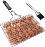 Fish Grilling Basket, Folding Portable Stainless Steel BBQ Grill Basket for Fish Vegetables Shrimp with Removable Handle, Come with Basting Brush and Storage Bag