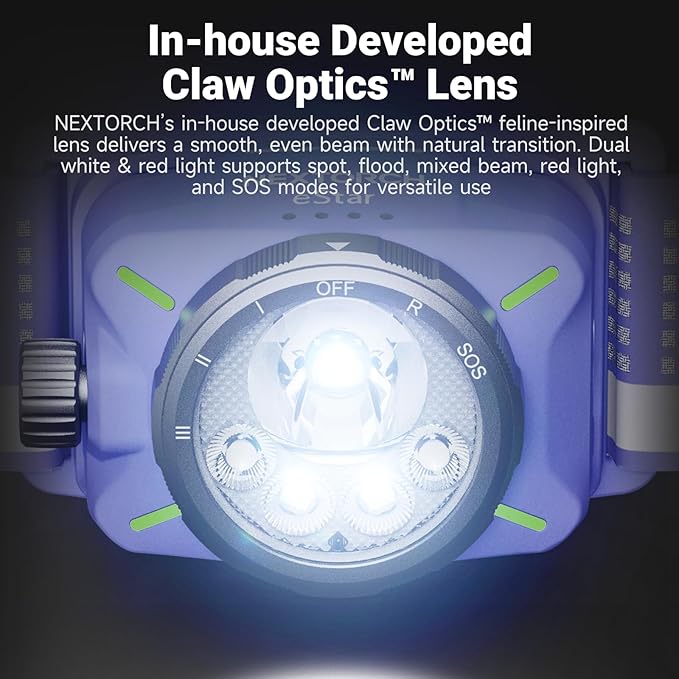 NEXTORCH eStar 1300 Lumens Headlamp Rechargeable, Running LED Headlight Extra Lightweight with Red Light, Waterproof Headband for Outdoor Camping Hiking Working, 2*1200 mAh, USB-C Charging, Purple